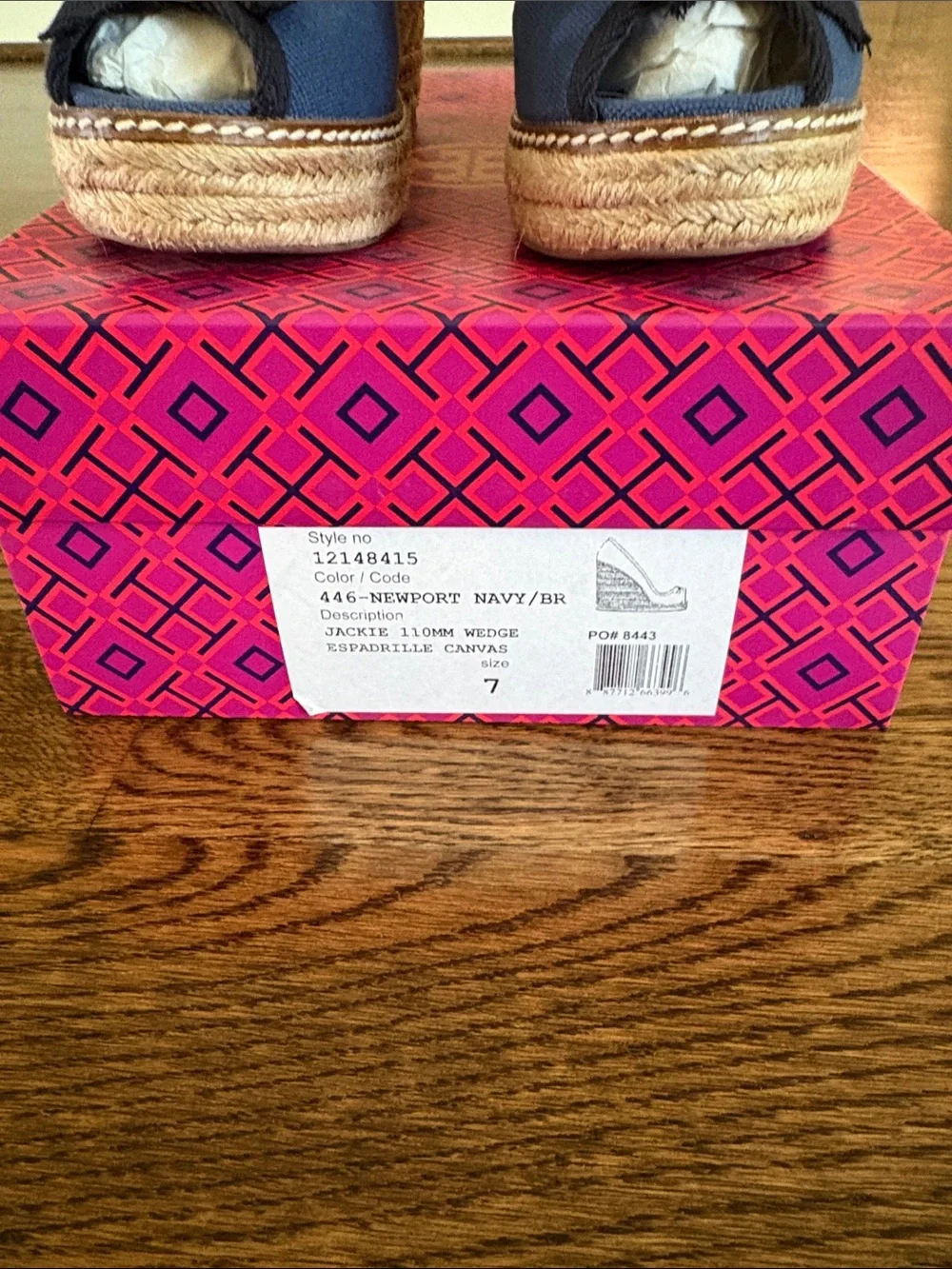 Tory Burch Navy Canvas Espadrille Wedge with Bow and Gold Logo